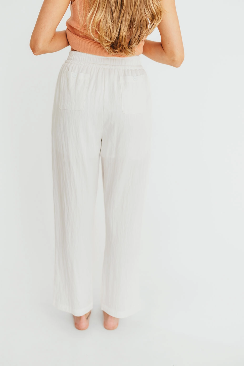 Elastic Free Cuffs ReflectiveAccentDetails June Double Drawstring Detail Wide Leg Pants in White *Final-Sale*