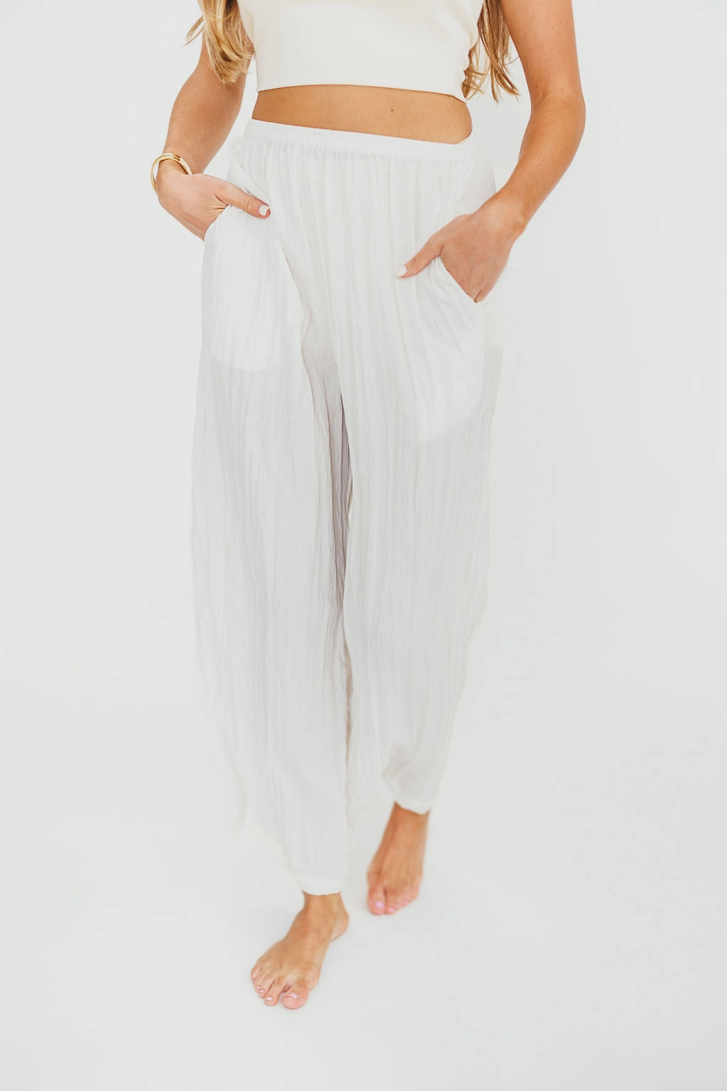 Harmony Crinkle Fabric Pants in Milk (Please see description) *Final-Sale* Relaxed Waist Sport Fit