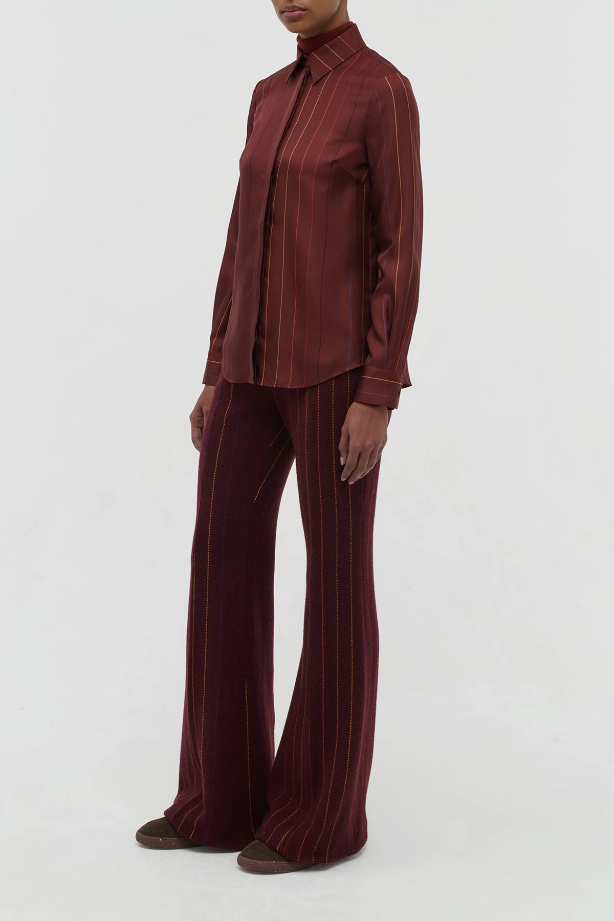 Luxury Office Style Henri Blouse in Burnt Sienna Multi Pinstripe Silk Twill