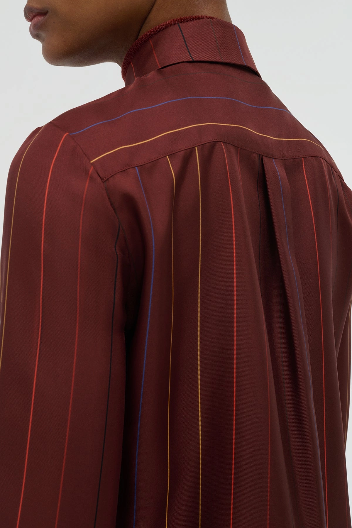Henri Blouse in Burnt Sienna Multi Pinstripe Silk Twill Sharp Business Design Sleek Office Style