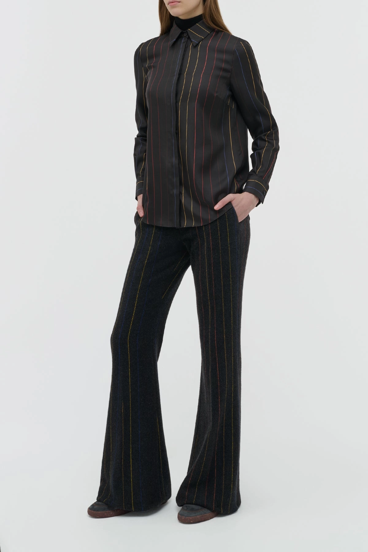 Chic Fit Henri Blouse in Charcoal Multi Pinstripe Silk Twill