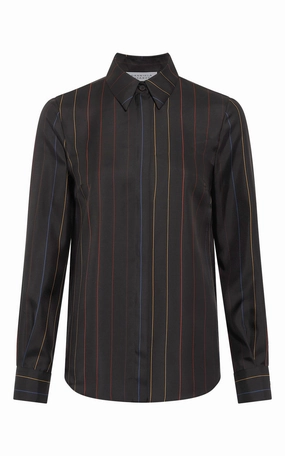 Modern Silhouette Refined Layers Henri Blouse in Charcoal Multi Pinstripe Silk Twill
