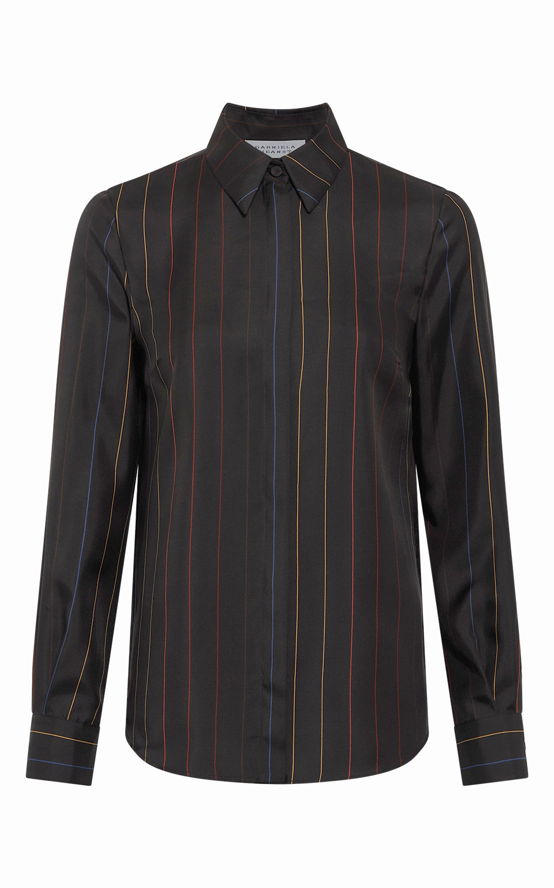Modern Silhouette Refined Layers Henri Blouse in Charcoal Multi Pinstripe Silk Twill