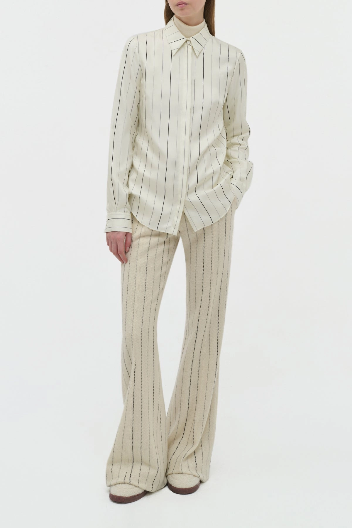Henri Blouse in Ivory Multi Pinstripe Silk Twill Chic Look