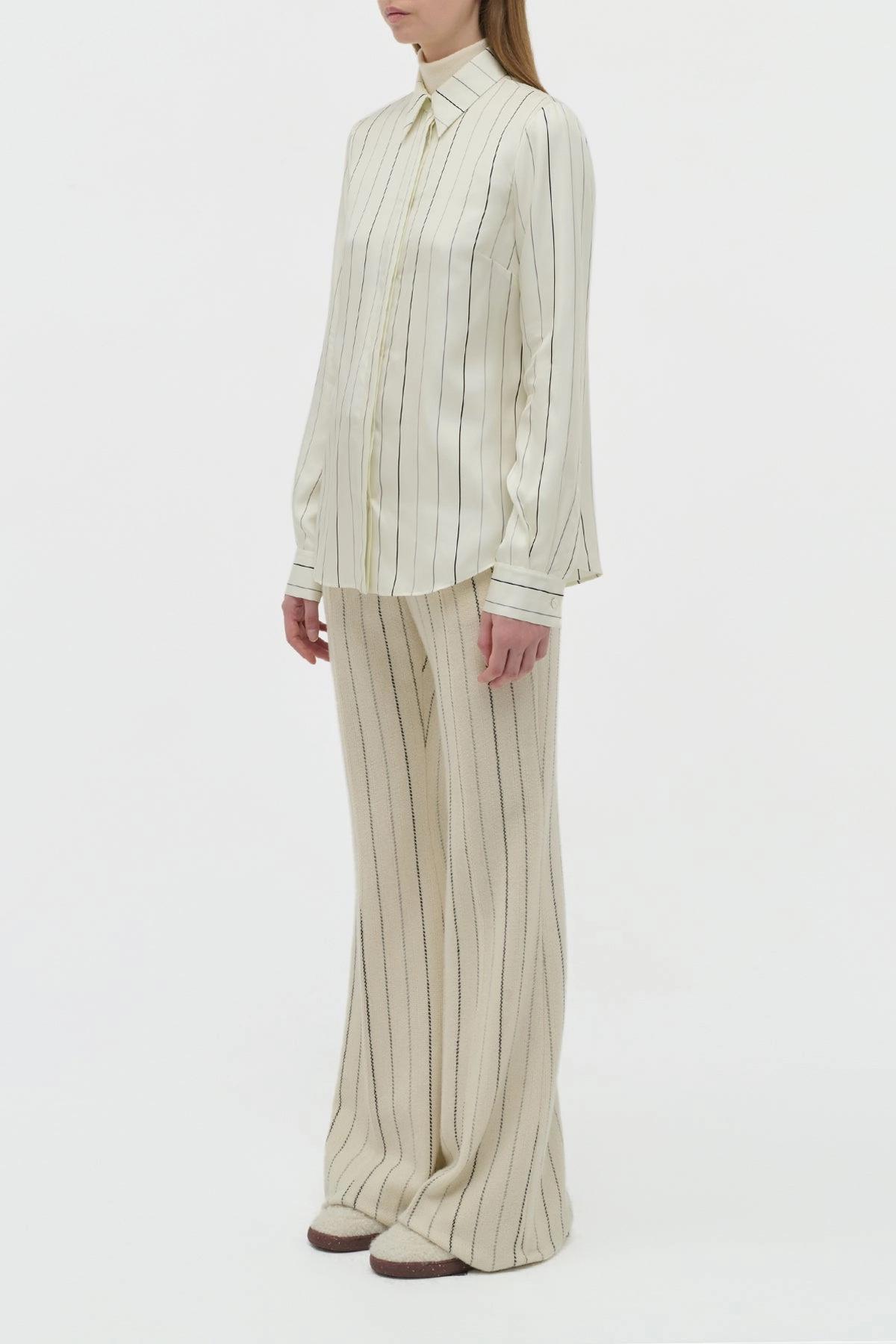 Henri Blouse in Ivory Multi Pinstripe Silk Twill Layered Wear Timeless Design