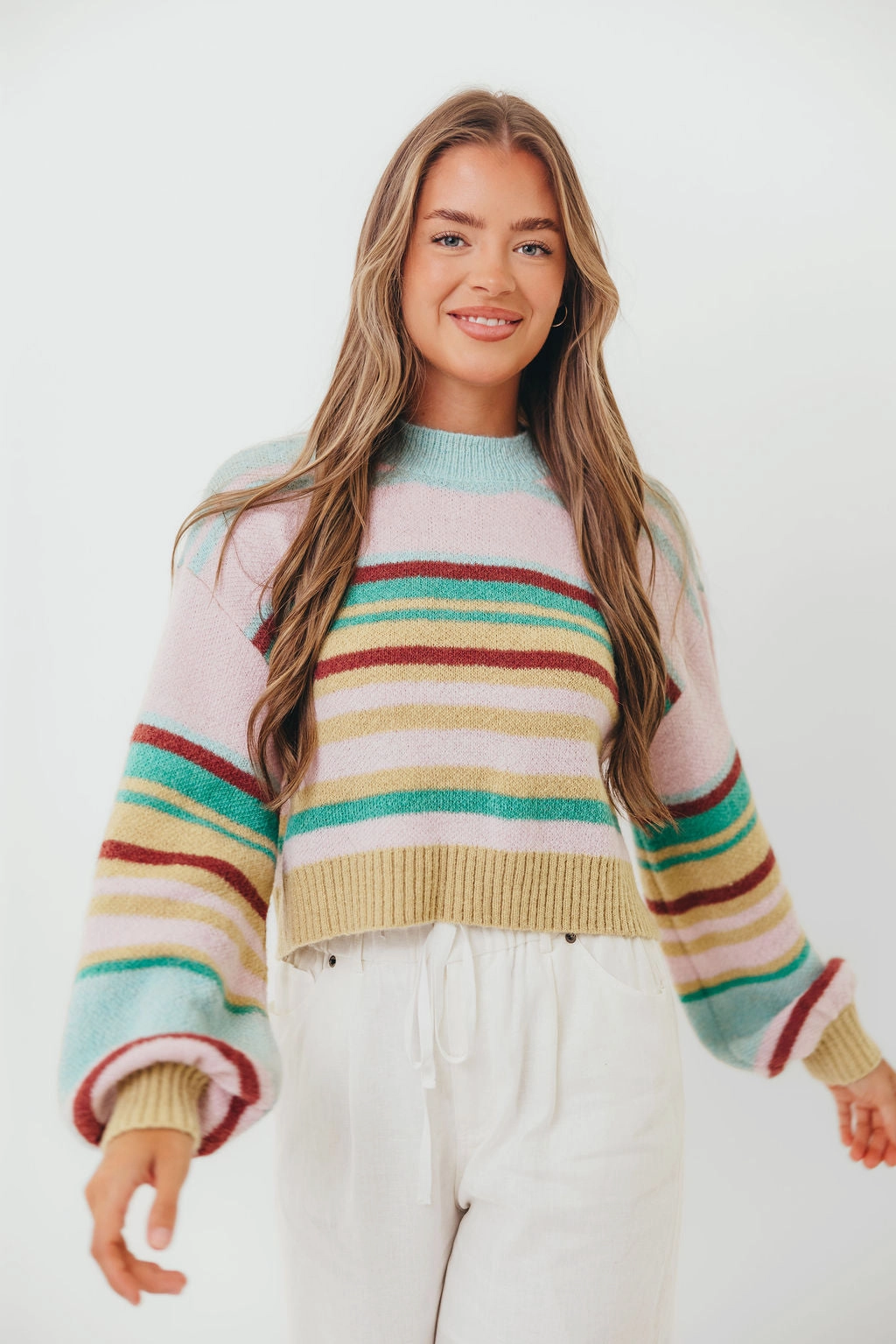 SmoothZipper PocketDetails Miranda Colorful Stripe Knit Sweater in Mint Multi
