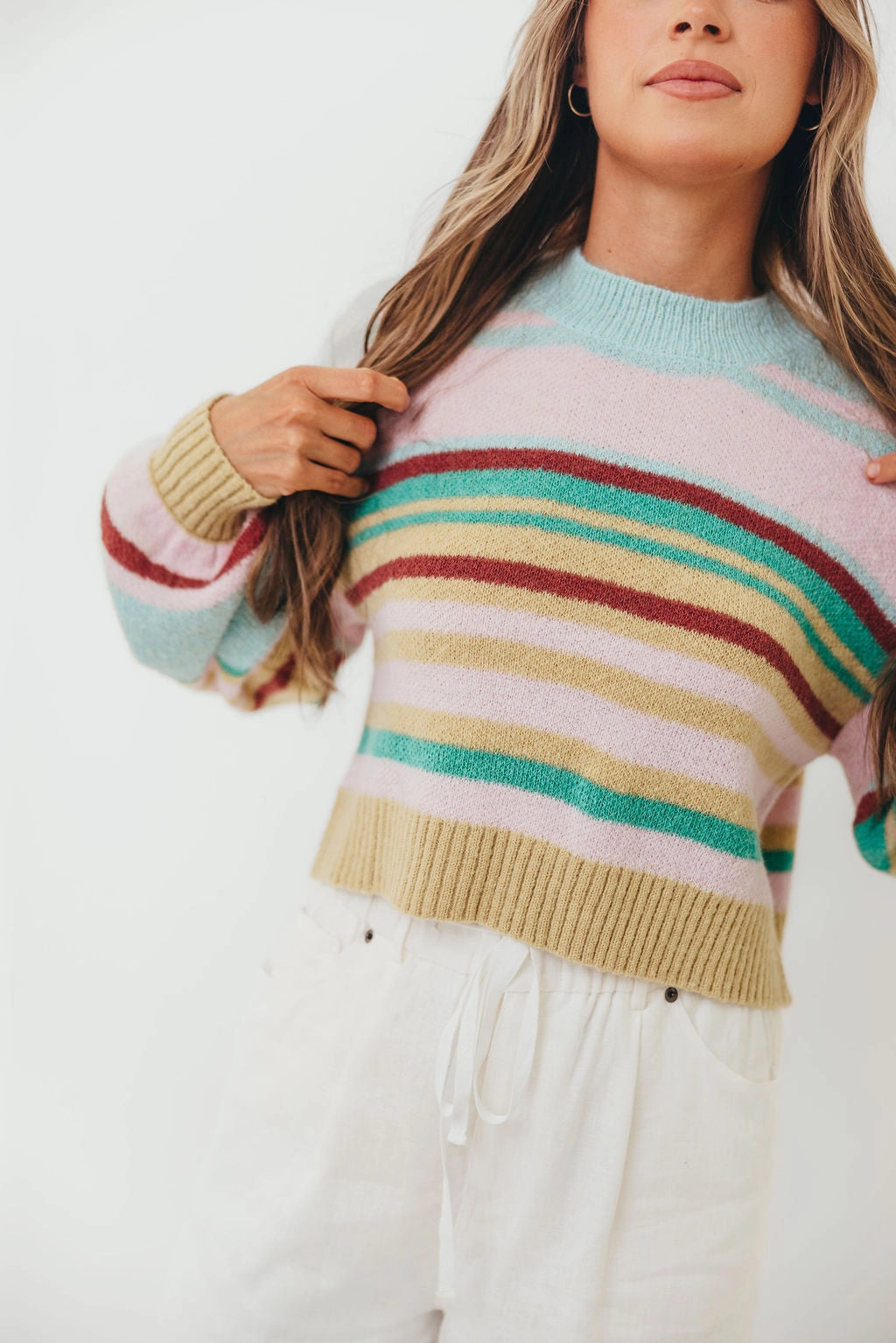 Miranda Colorful Stripe Knit Sweater in Mint Multi Ventilated Panel Design Hidden Button Placket