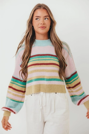 YarnBlend Miranda Colorful Stripe Knit Sweater in Mint Multi