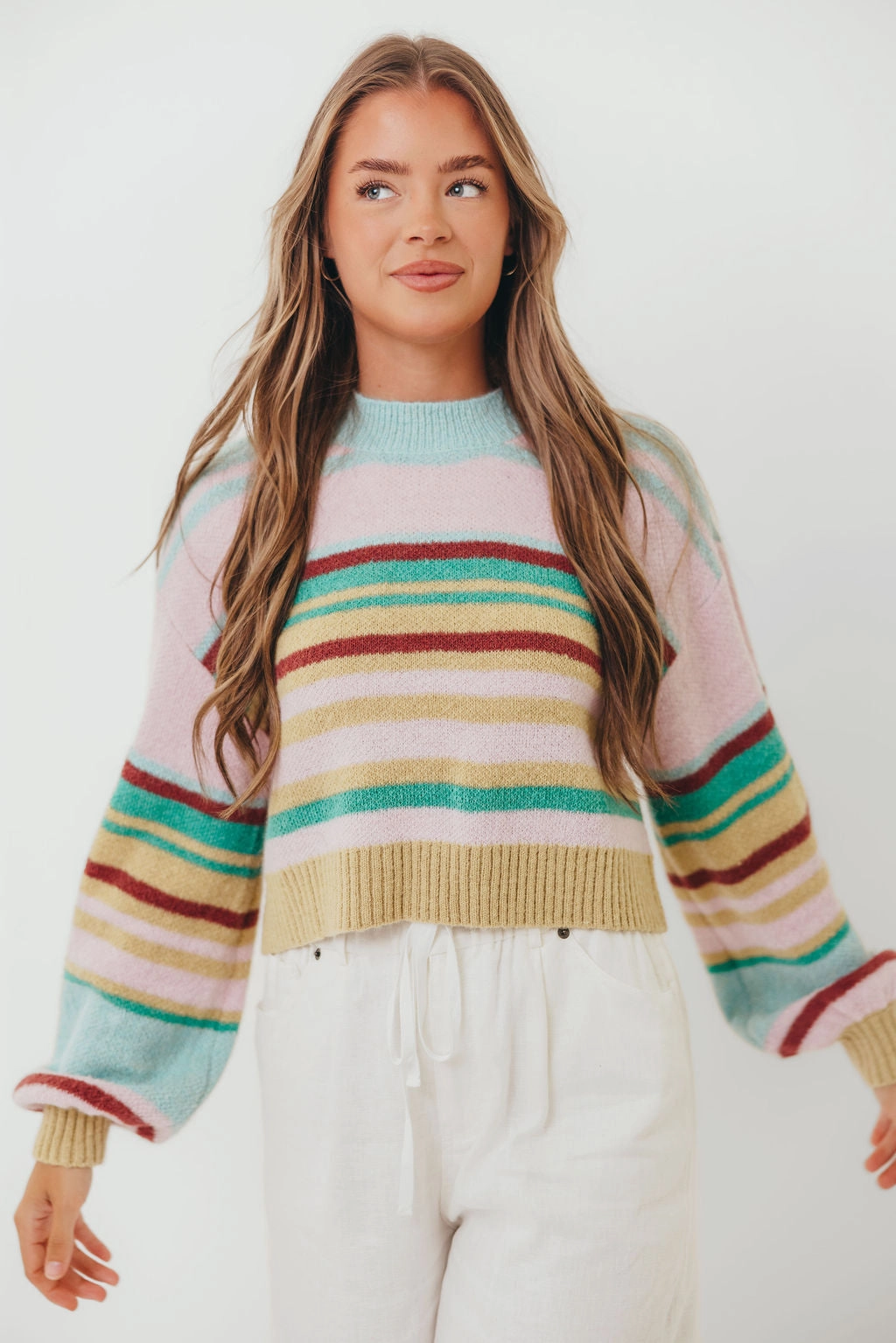 YarnBlend Miranda Colorful Stripe Knit Sweater in Mint Multi