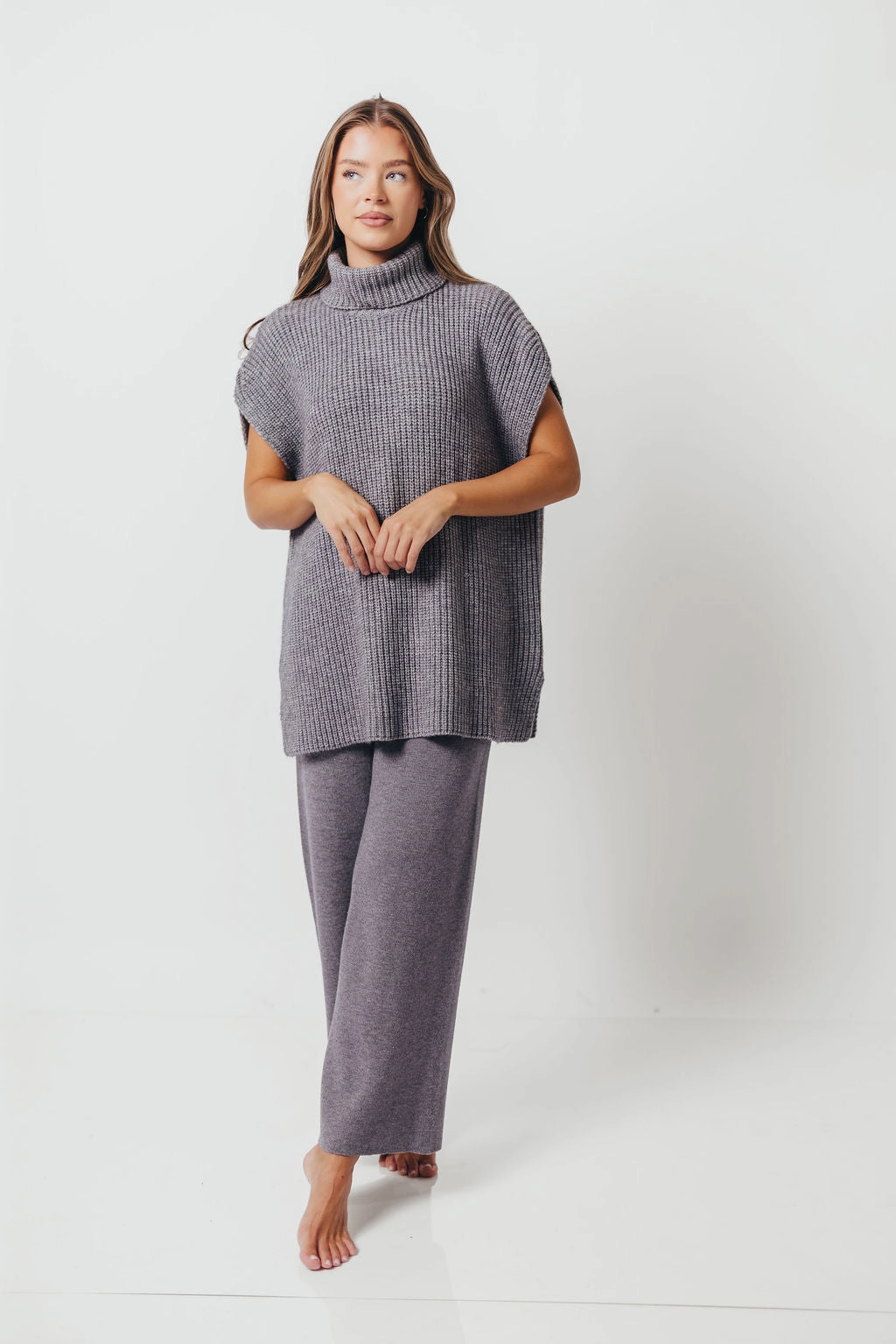 Comfy All-Day Eco Friendly Fabric Hilaria Turtle Neck Sweater Top and Pants Set in Charcoal