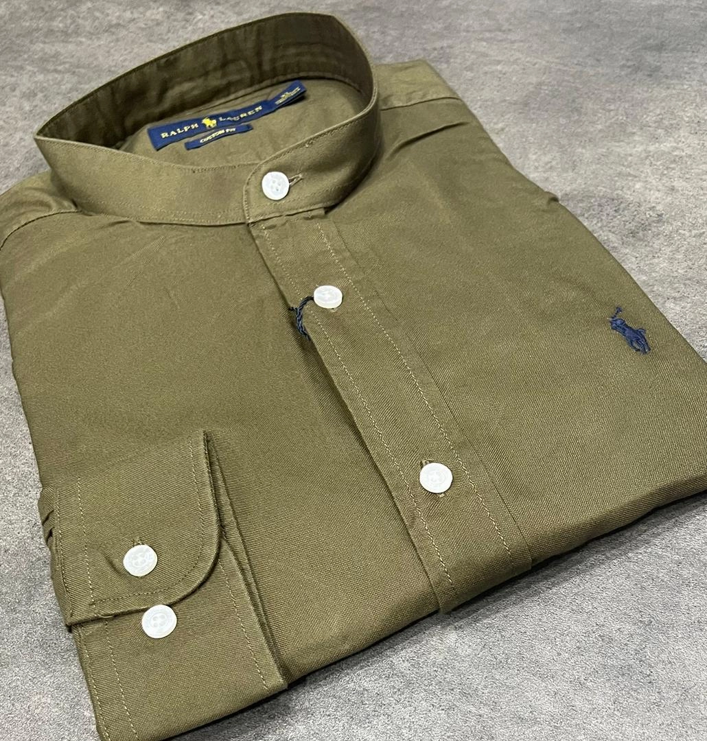 Polo Ralph Lauren Band Collar Oxford Army Green Long Sleeve Men Shirt Contemporary Look Effortless Style
