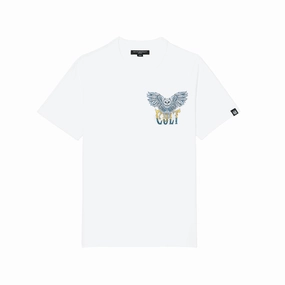 Cult's Heavyweight Short Sleeve Crew Neck Tee "Owl" in White EnhancedDurabilityFinish