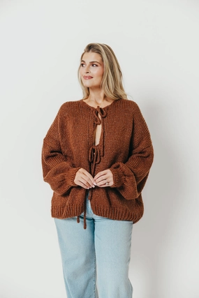 Anti Static Fabric LatticeKnit Janine Tie Front Cardigan in Brown