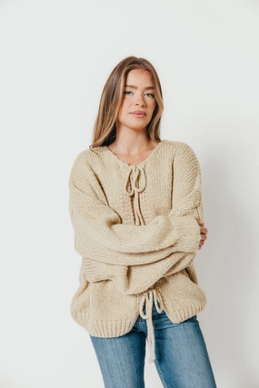 Janine Tie Front Cardigan in Light Taupe LayeredNeckline