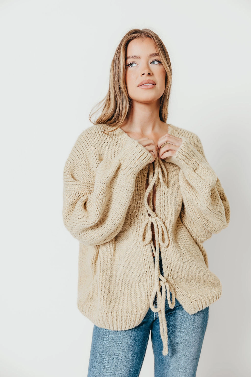 Reversible design Adjustable Hem Cuff Janine Tie Front Cardigan in Light Taupe