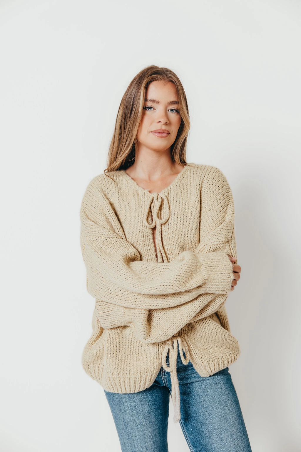 Janine Tie Front Cardigan in Light Taupe LayeredNeckline