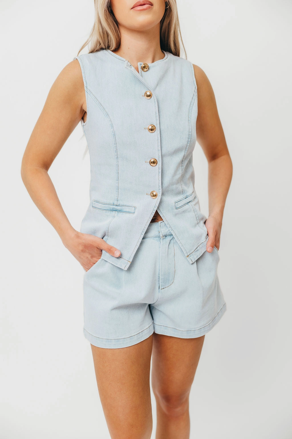 Sharp Edge Jayne Button Down Sleeveless Vest and Paperbag Shorts Set in Light Denim *Final-Sale*
