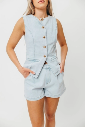 Sharp Edge Jayne Button Down Sleeveless Vest and Paperbag Shorts Set in Light Denim *Final-Sale*