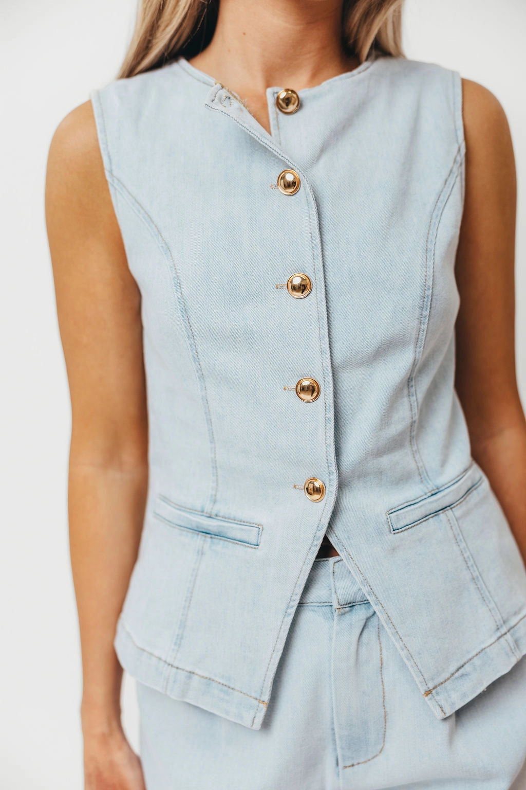 Jayne Button Down Sleeveless Vest and Paperbag Shorts Set in Light Denim *Final-Sale* Night Out City Walk Minimalist Ready to Wear