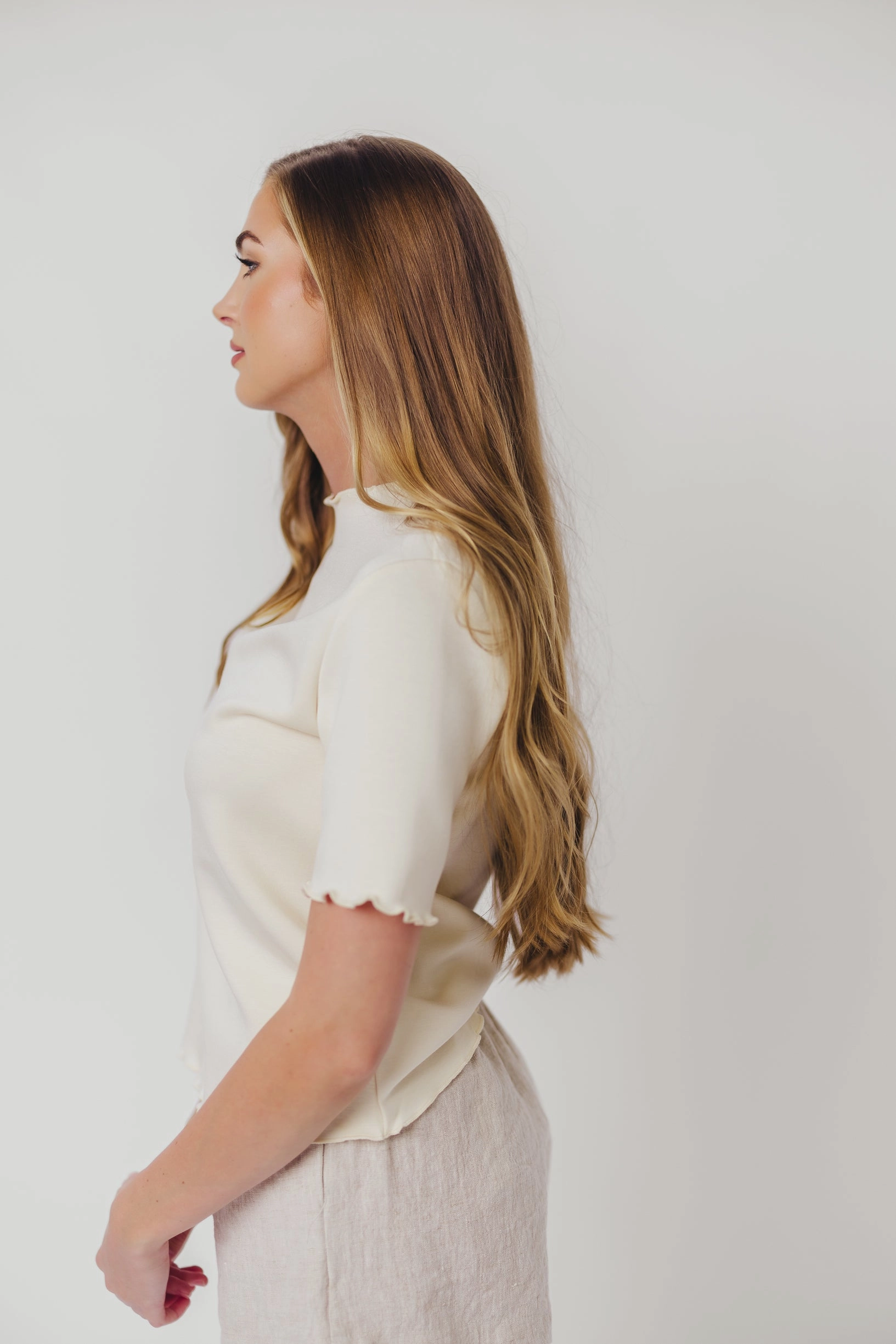 construction quality Jemma Butter Modal Mockneck Top with Merrow Edge from P.Cill in Eggshell