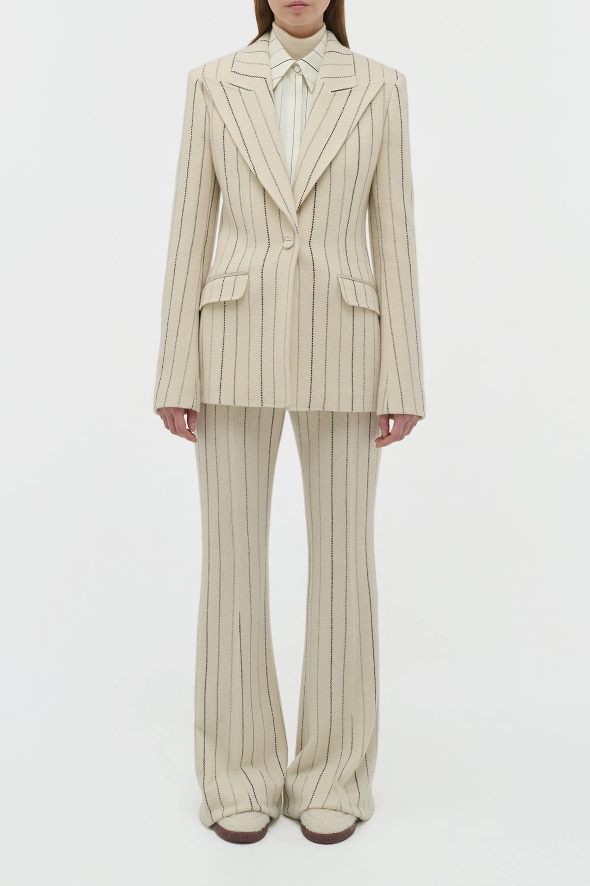Leiva Blazer in Ivory Multi Pinstripe Wool Cashmere Comfortable Wear