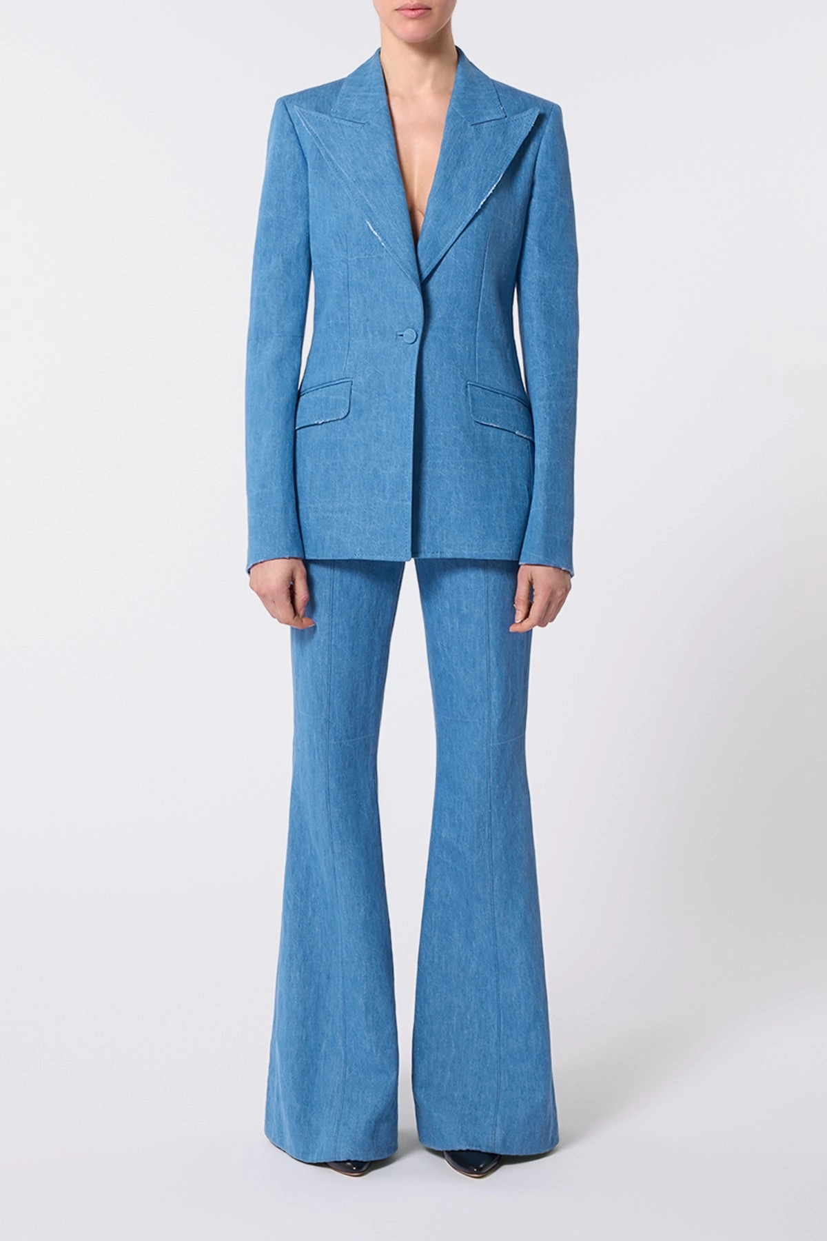 All-Weather Wear Refined Tailoring Leiva Blazer in Light Blue Recycled Cotton Linen Denim