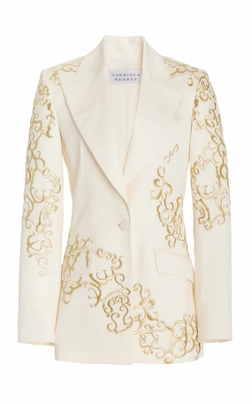 Leiva Embroidered Blazer in Ivory Textured Linen Tailored Design Minimalist Aesthetic Detailing