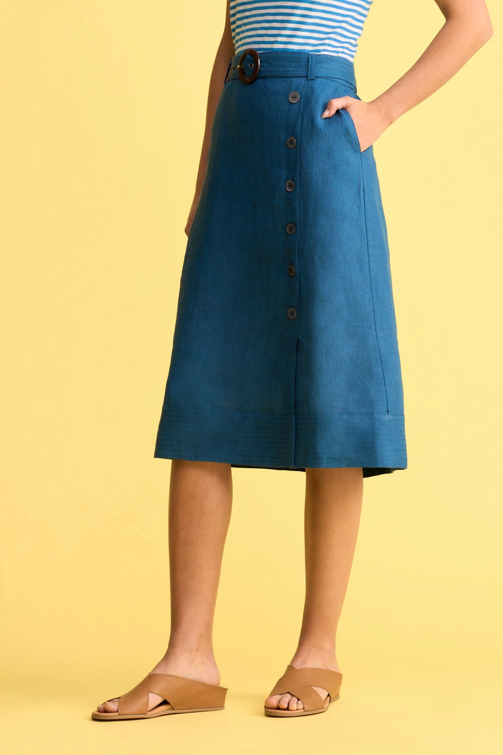 Double Layer Construction All Day Comfort Belted Linen Skirt - Navy Cross Dye