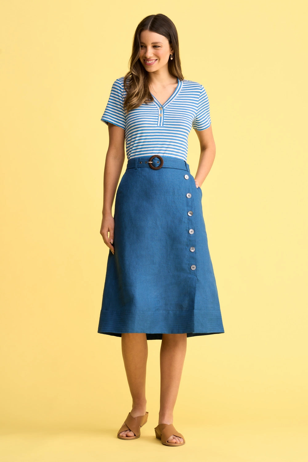 Belted Linen Skirt - Navy Cross Dye Light Touch