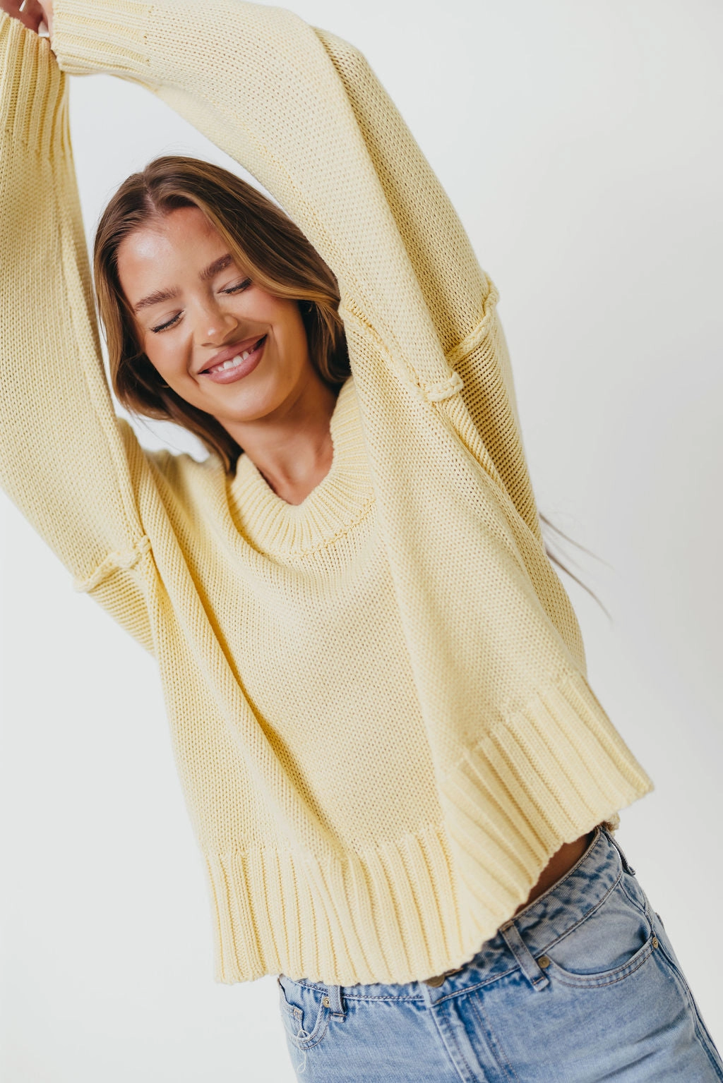 HighStretch PocketDetails Lola 100% Cotton Scoop Neck Drop Shoulder Knit Sweater in Lemon