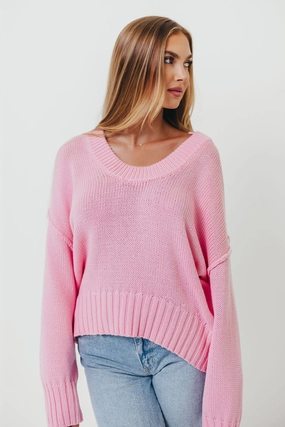 Relaxed Crew Neck Opening Airflow Ventilation Lola 100% Cotton Scoop Neck Drop Shoulder Knit Sweater in Pink
