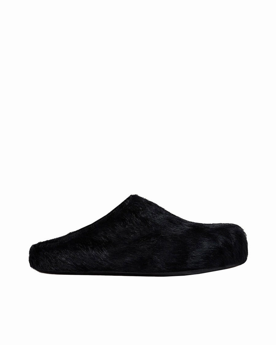 Long-Hair Leather Fussbett Mules - Black Party Ready