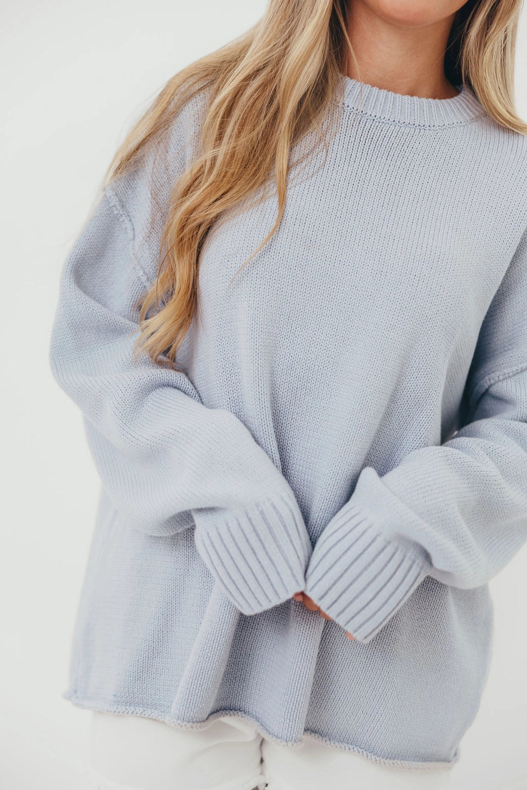 Luna Relaxed Boyfriend Fit Crew Neck Sweater in Misty Blue ClassicCrewNeck Drop Shoulder Silhouette