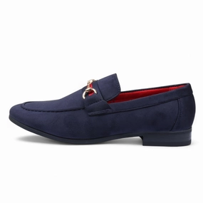 Men's Navy Suede Loafers with Gold Buckle Slip-On Dress Shoes Casual Wear Slip-ons Even Step