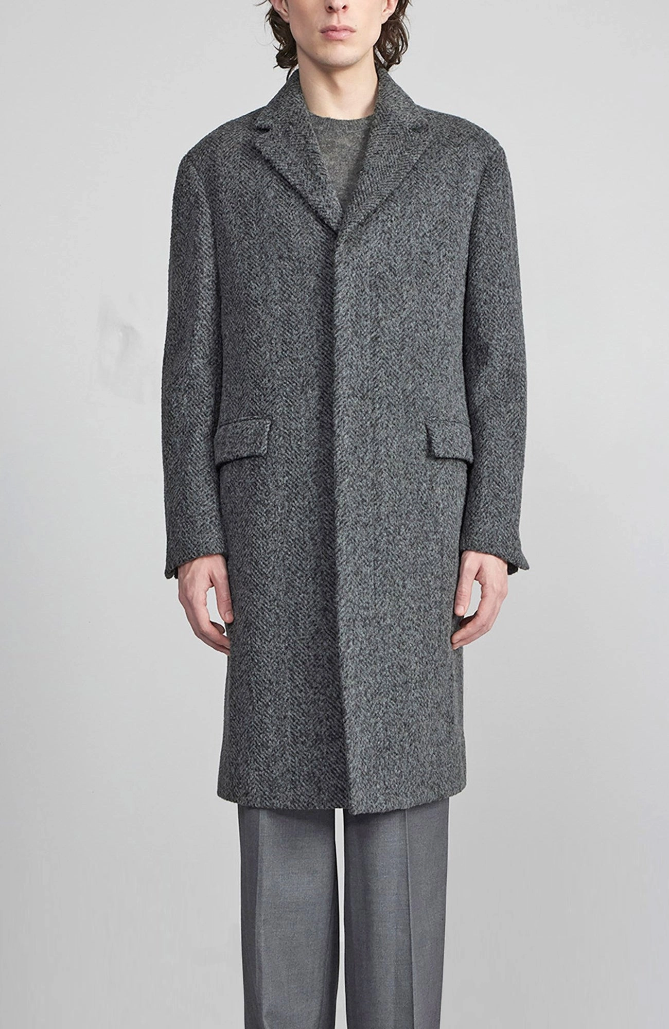 MERCER ALPACA & CASHMERE CHARCOAL HERRINGBONE TOPCOAT Fleece Lined Airflow Optimization