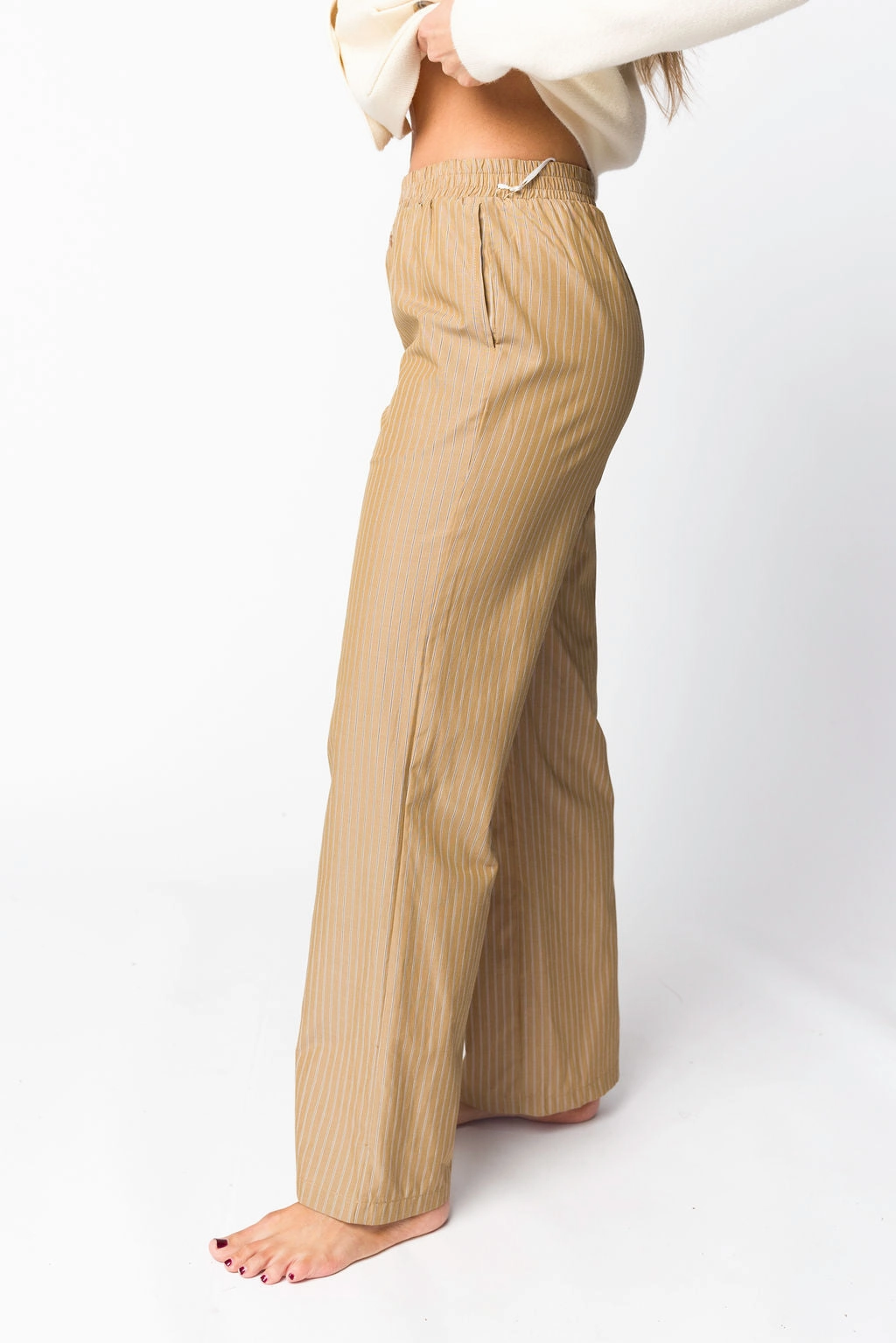 Michelle Striped Pajama Style Pants in Camel *Final-Sale* Flat waistband
