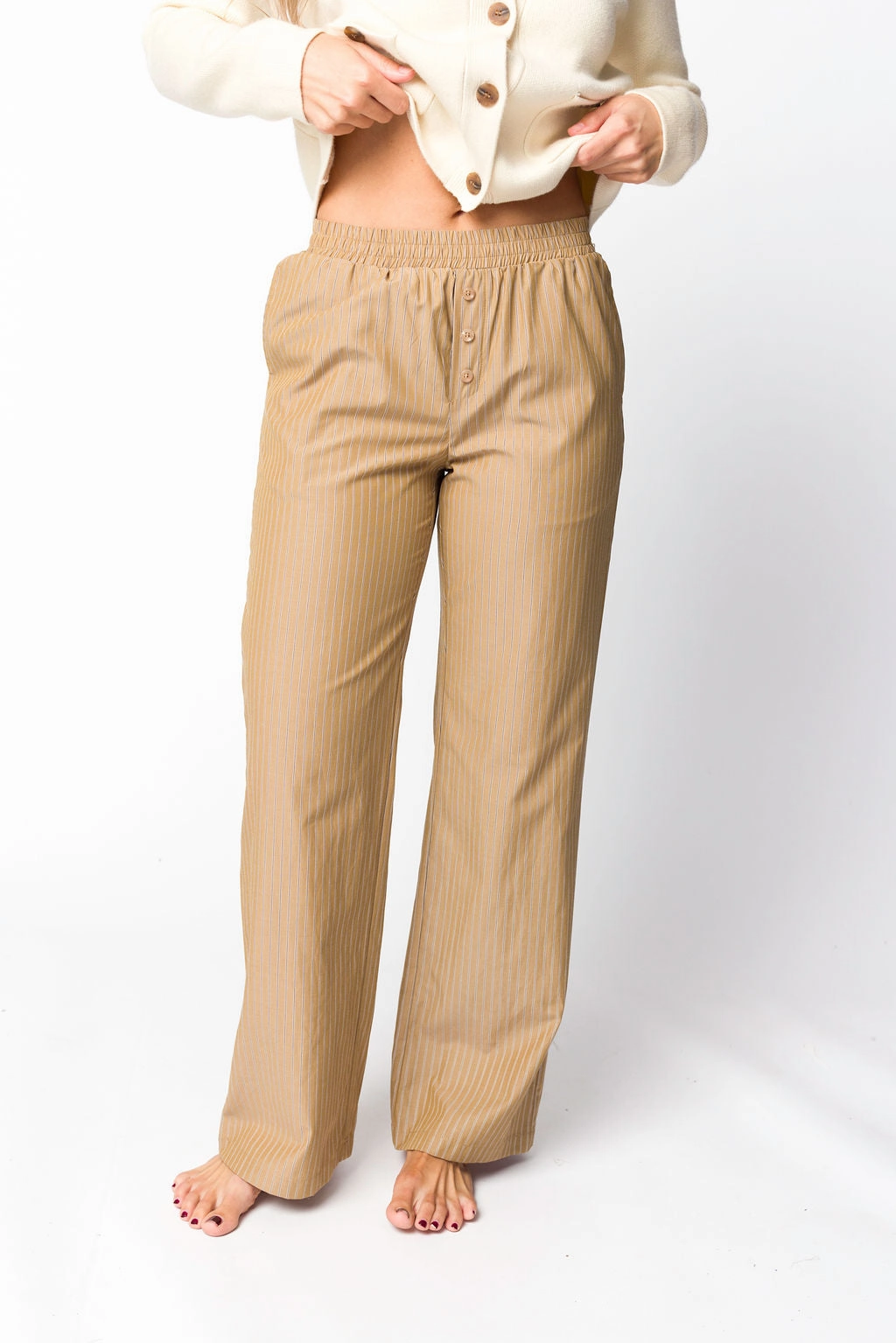 All-day Comfort Basic Look Michelle Striped Pajama Style Pants in Camel *Final-Sale*