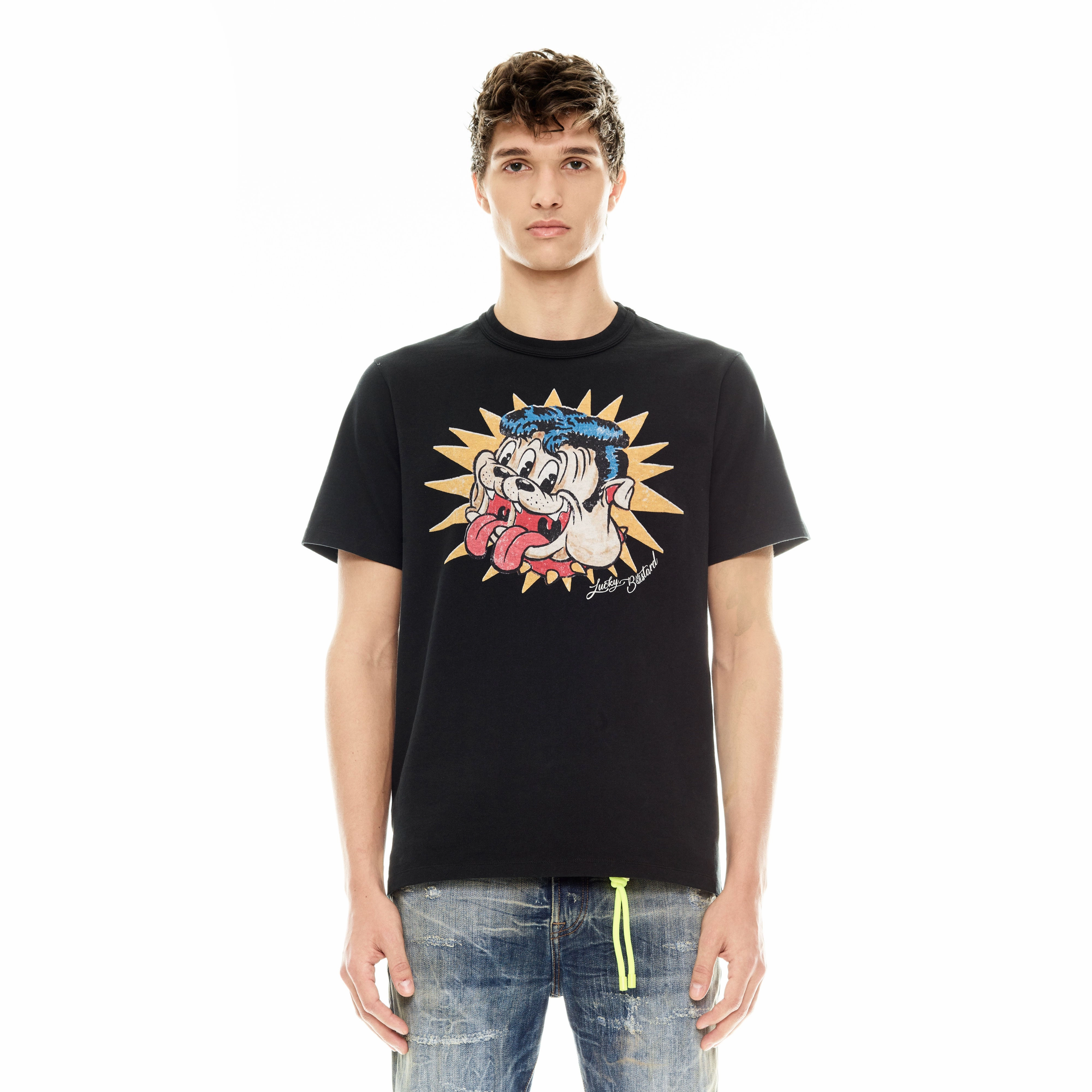 Trendy popularity Sustainable Packaging Cult's Short Sleeve Crew Neck Tee "Lucky Bastard" in Black
