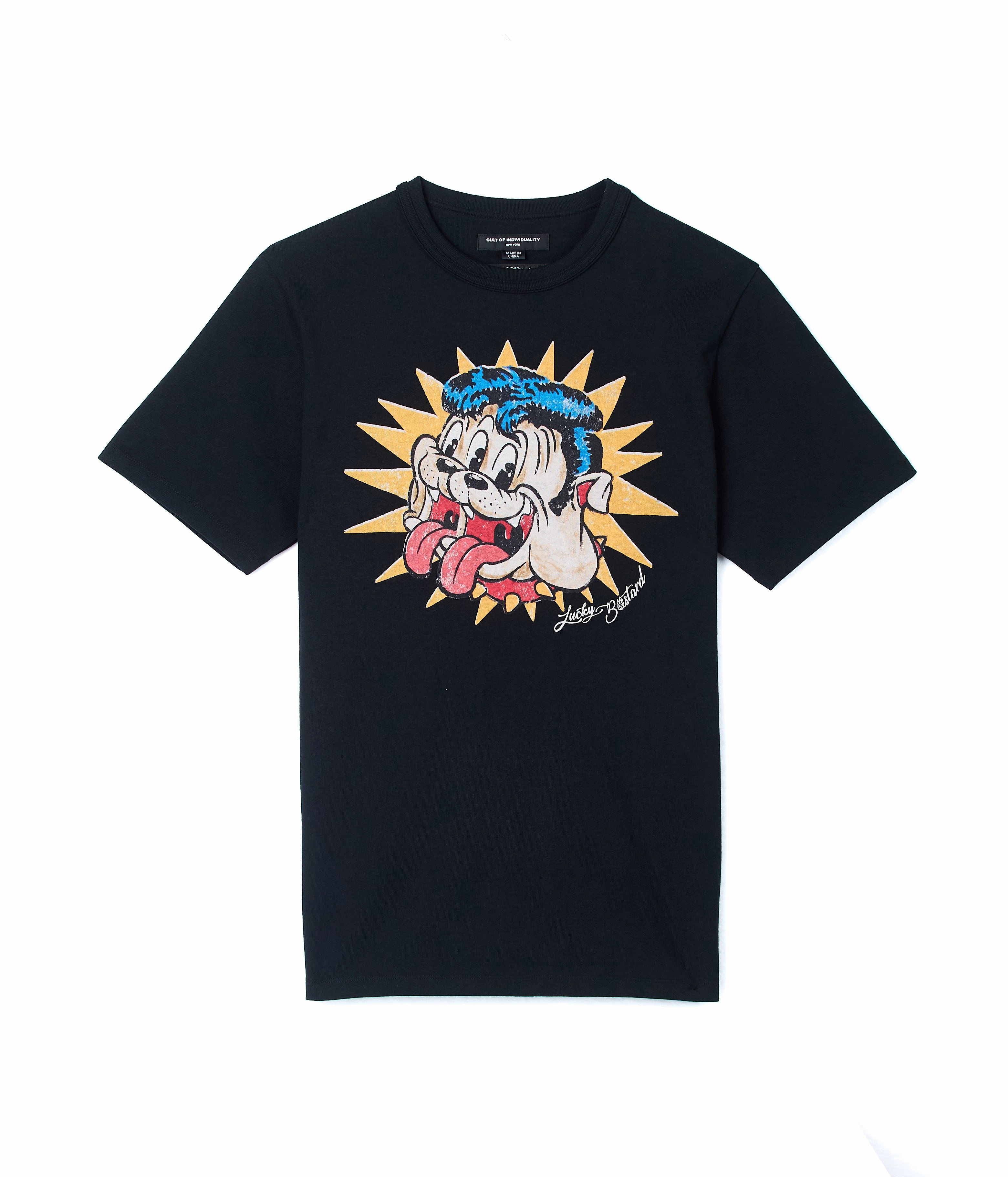 Comfort Stretch Fit Cult's Short Sleeve Crew Neck Tee "Lucky Bastard" in Black