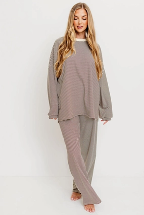 Campbell Striped Fleece Lounge Pants in Brown (Restocking in Fall) Flat waistband