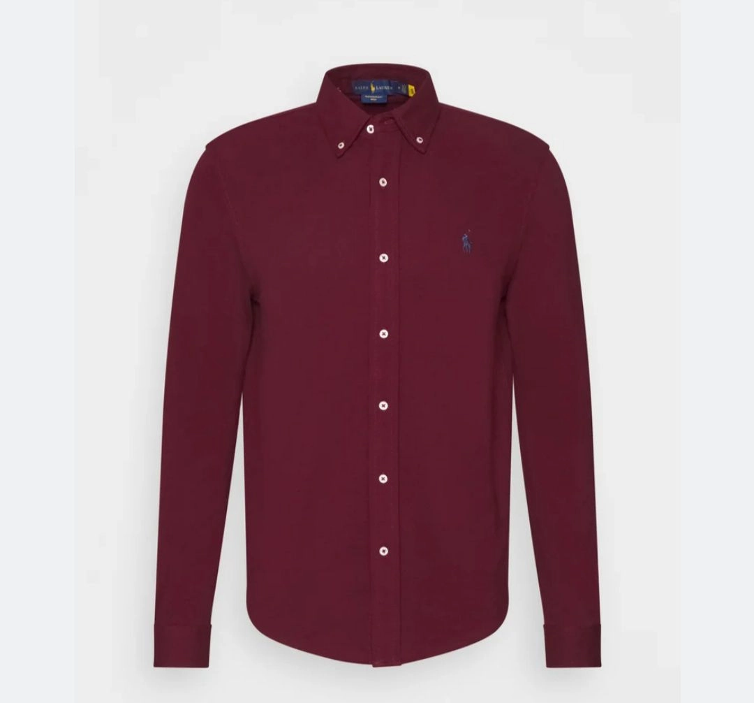 Modern Cut High Density Weave Polo Ralph Lauren Custom Fit Plain Maroon Long Sleeve Oxford Shirt