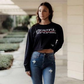 Women's Beautiful Badass Long Sleeve Cropped T-Shirt - Black Simple Layers