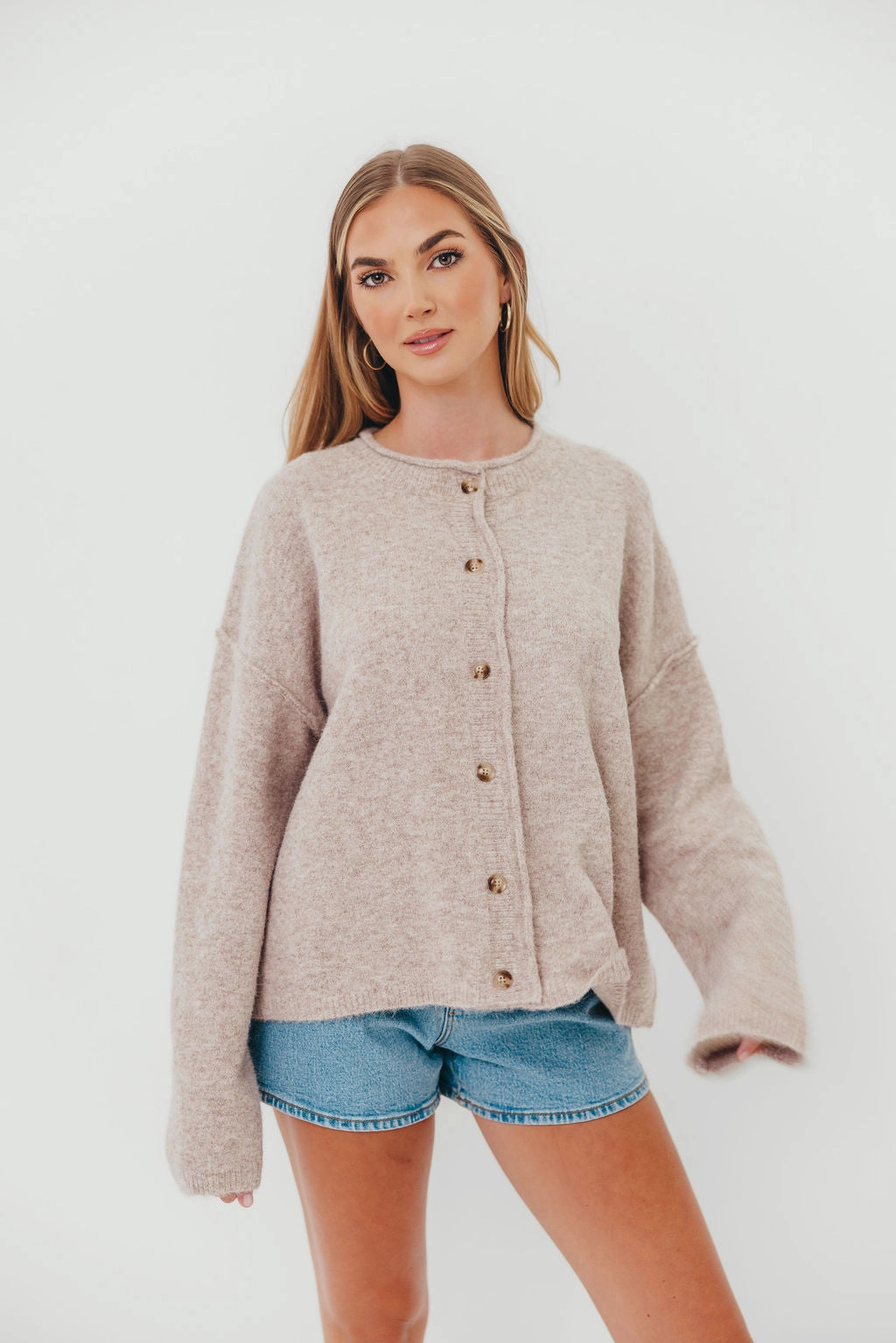 Double Stitched Seams Kyla Cardigan Sweater in Oatmeal -Restocking Mid Oct