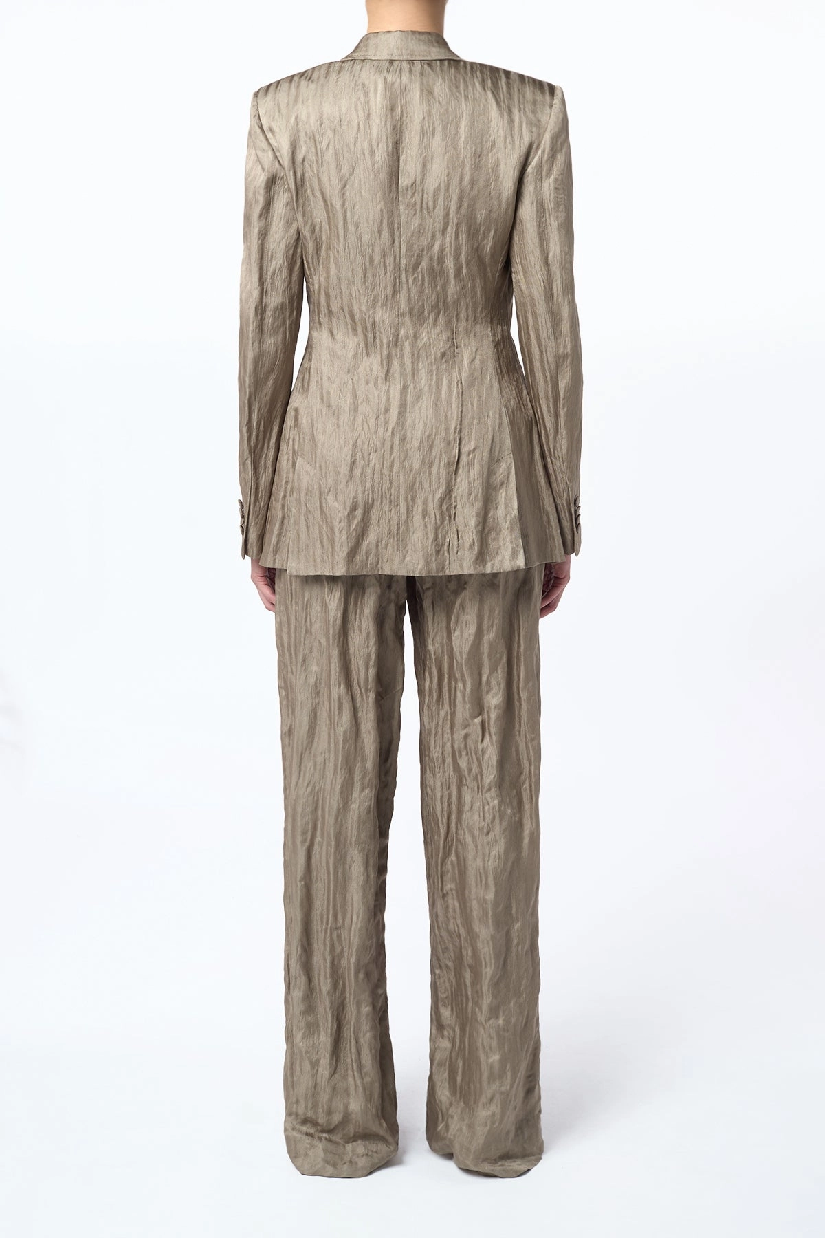 Norman Wide-Leg Pant in Gunmetal Metallic Crinkled Silk Sleek Layering