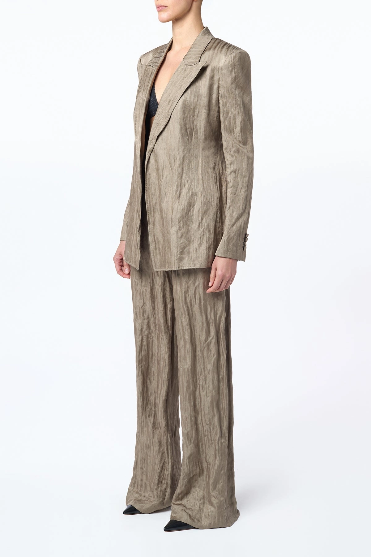 Norman Wide-Leg Pant in Gunmetal Metallic Crinkled Silk Breathable fabric technology