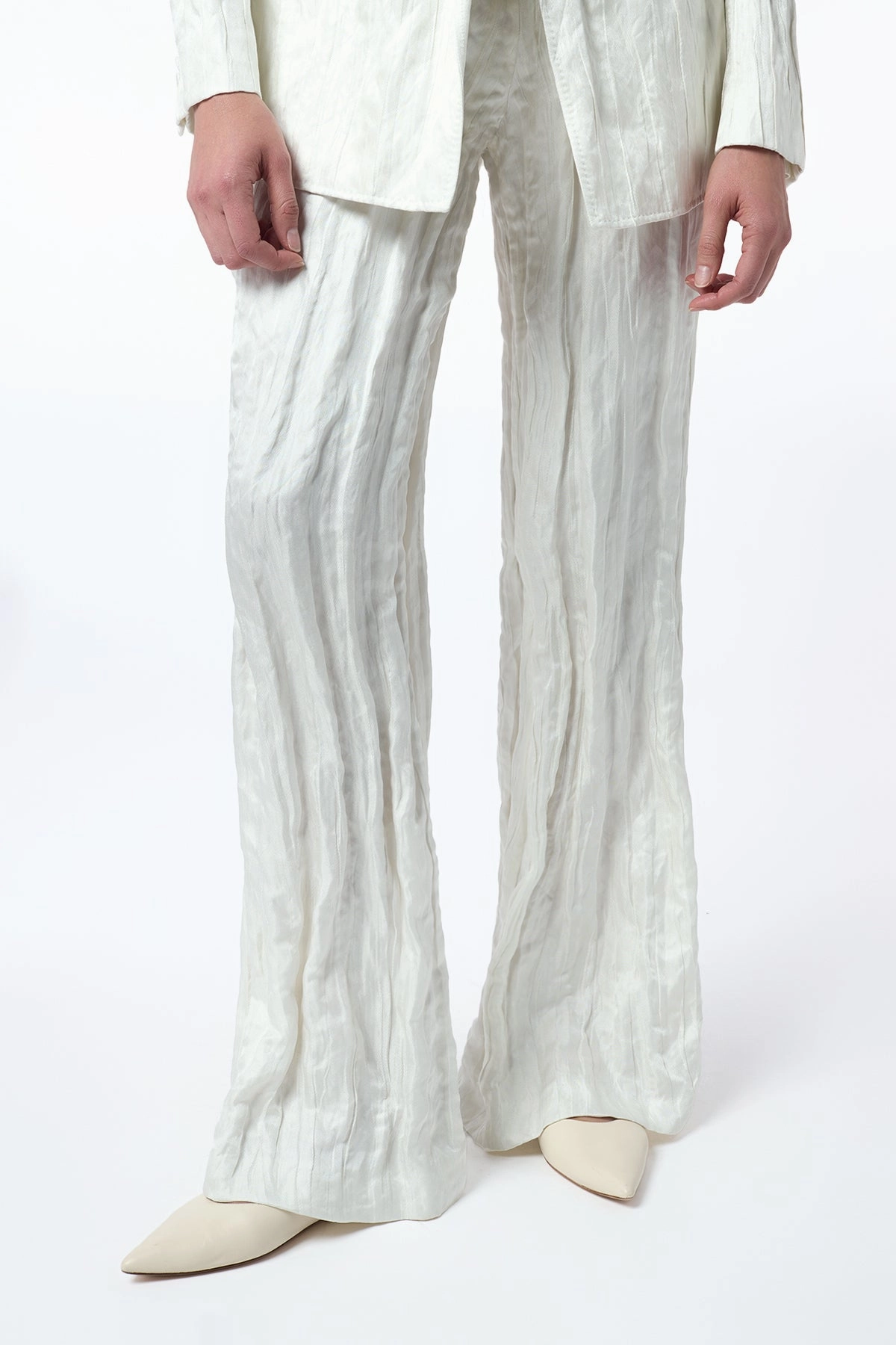 Norman Wide-Leg Pant in Ivory Metallic Crinkled Silk Sculpted wear Timeless Wear