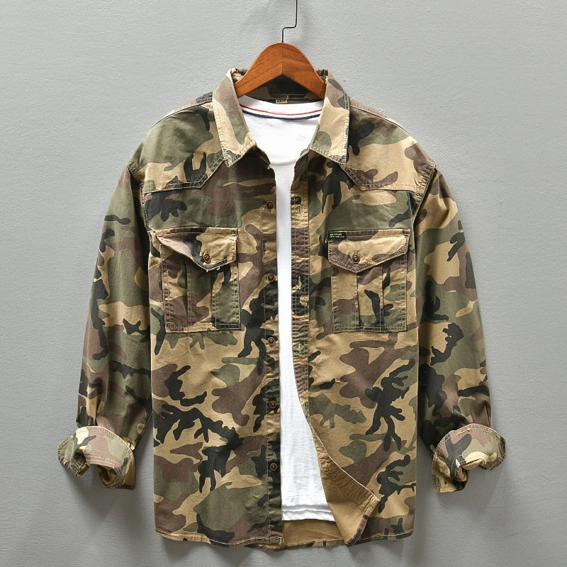 Zip Front West Louis? American Trendy Camo Multi Pocket Cargo Shirt