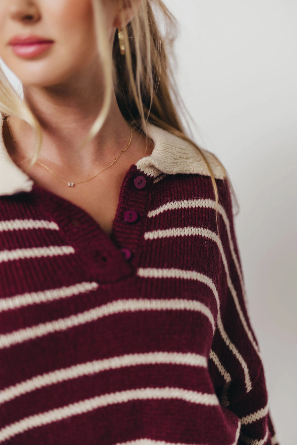 Rochelle Stripe Sweater with Contrast Collar in Burgundy Curved Hemline