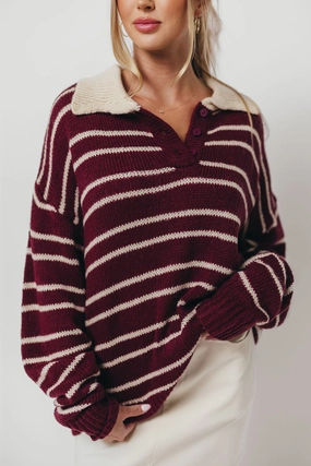 Rochelle Stripe Sweater with Contrast Collar in Burgundy BreathableMeshPanel