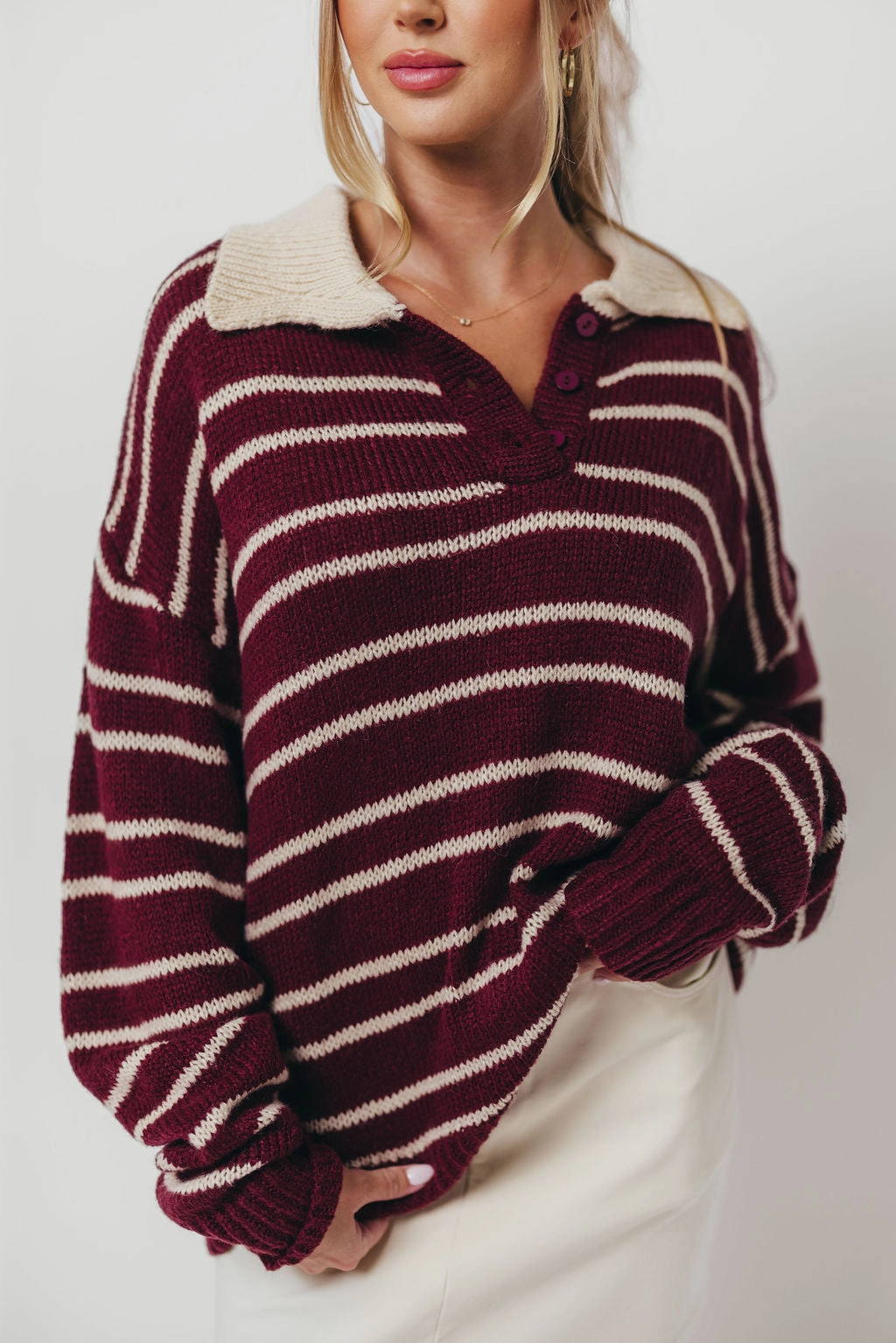 Rochelle Stripe Sweater with Contrast Collar in Burgundy BreathableMeshPanel
